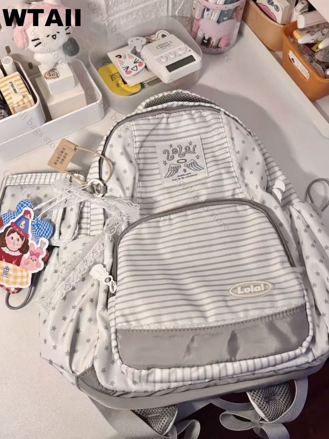 Canvas Backpack Casual - Fashion Striped Dot Decor Backpakc Girls'